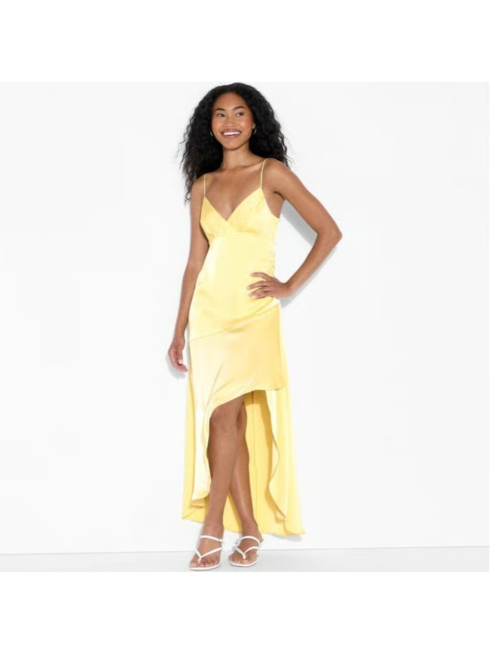 Wild Fable Maxi Dress Womens Large Yellow Satin Asymmetrical A Line Ruffle